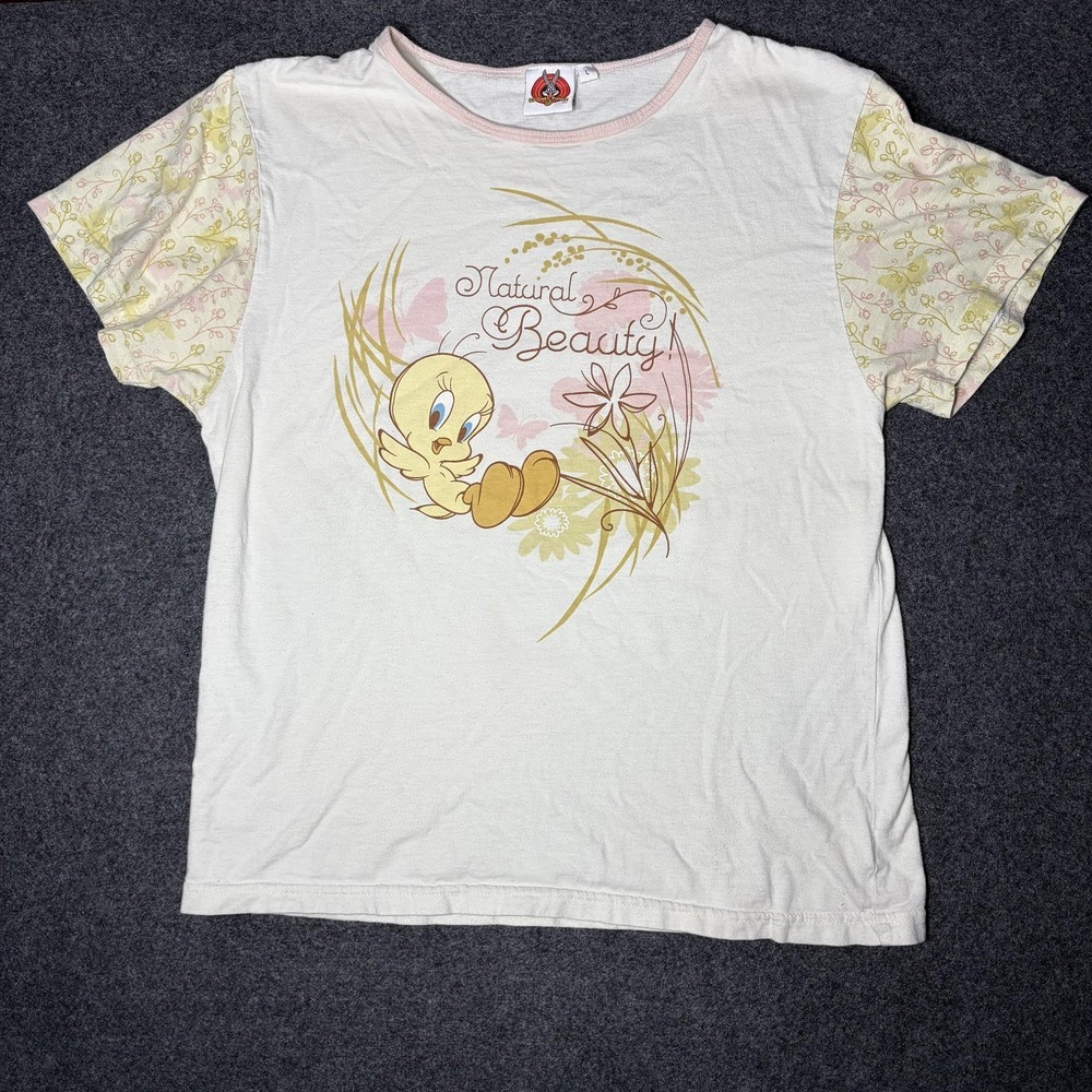 Looney Tunes Tweety Bird Baby Tee Y2K Womens Large White Girlhoodcore Floral